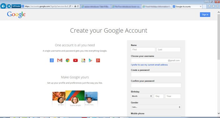 google account setup screen