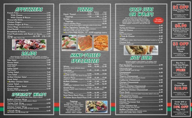 Thatz'a Pizza Menu