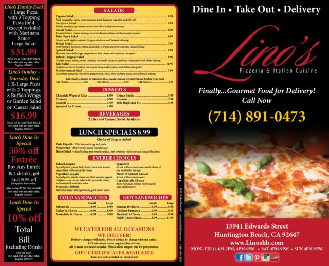 Lino's Pizzeria Flyer