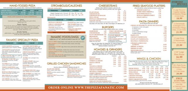 Pizza Fanatic Menu - Inside