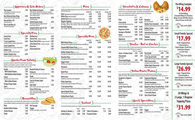 Township Line Pizza Menu - Inside