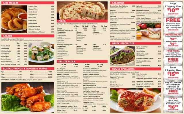 Manny & Olga's Pizza Menu - Inside