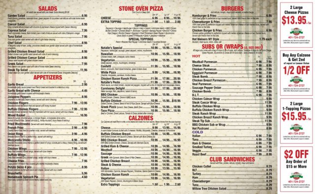 Natalie's Pizza Menu - Inside