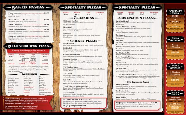 Wild West Pizza & Grill Menu - Inside