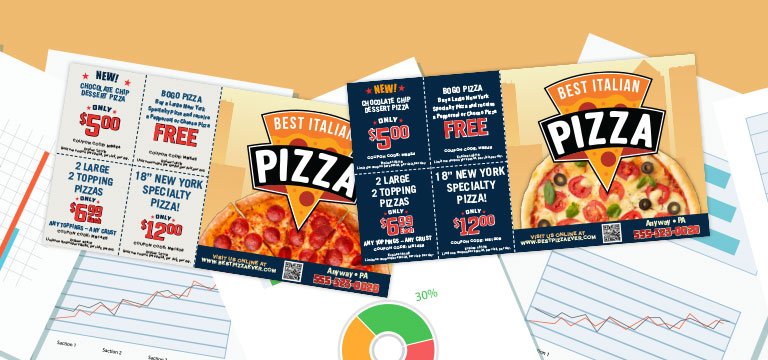 pizza postcards over analytics printouts
