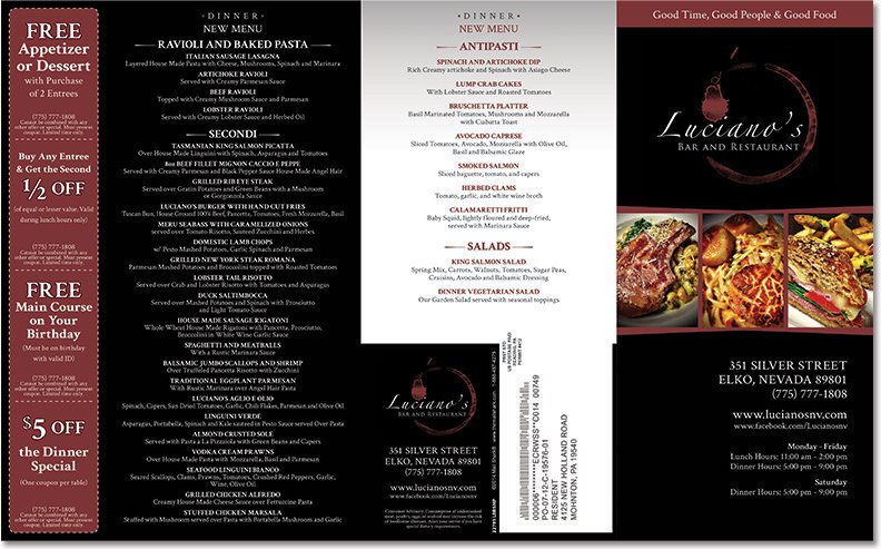 Standard Restaurant Menu Sample