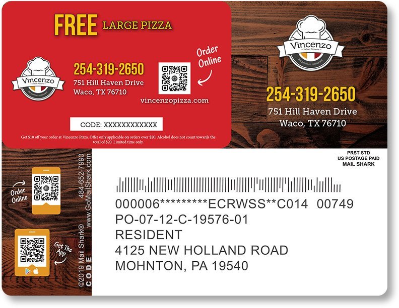 Restaurant Plastic Retention Postcard Mailer Sample